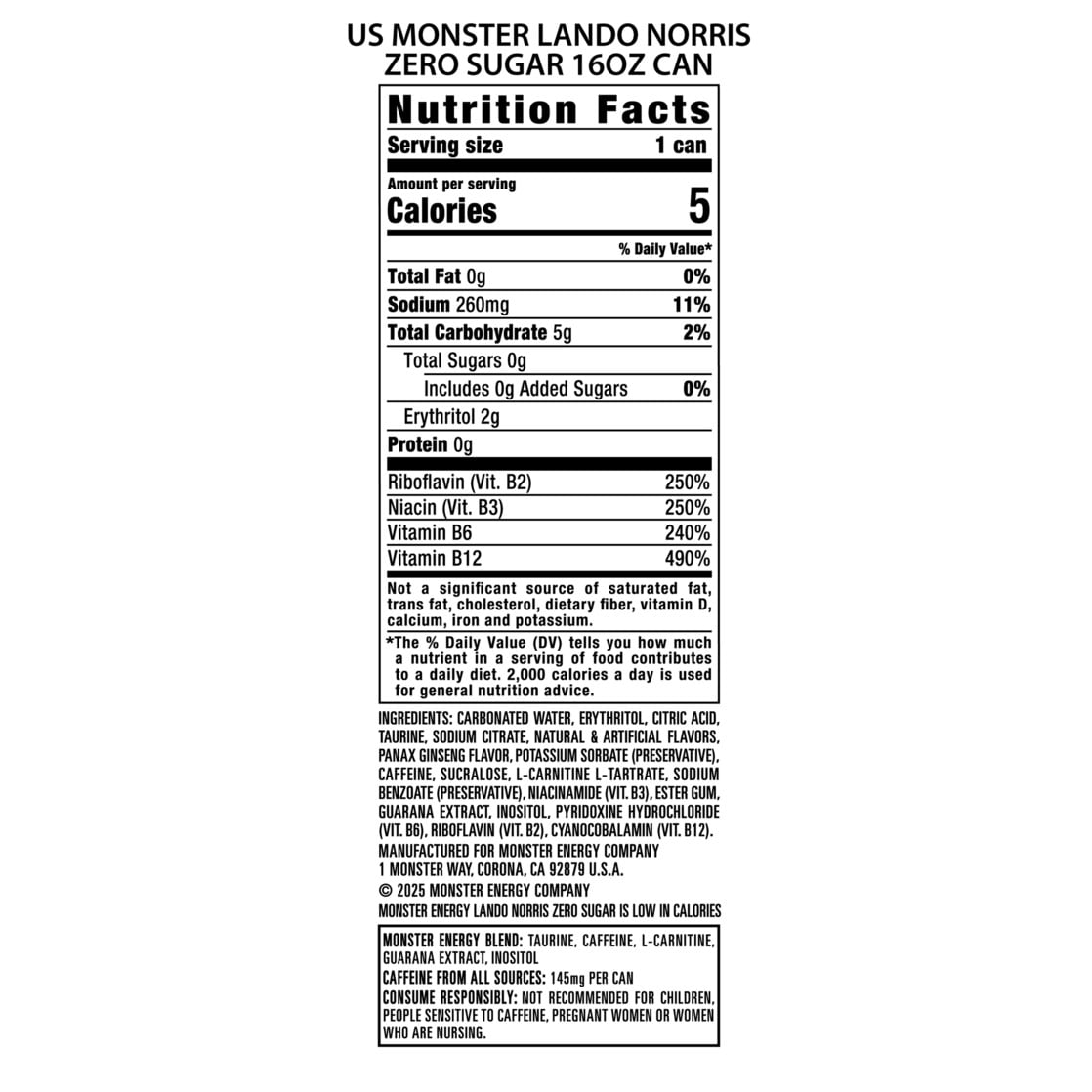 Monster Energy, Lando Norris, Sugar Free Energy Drink, 16 fl oz, Can