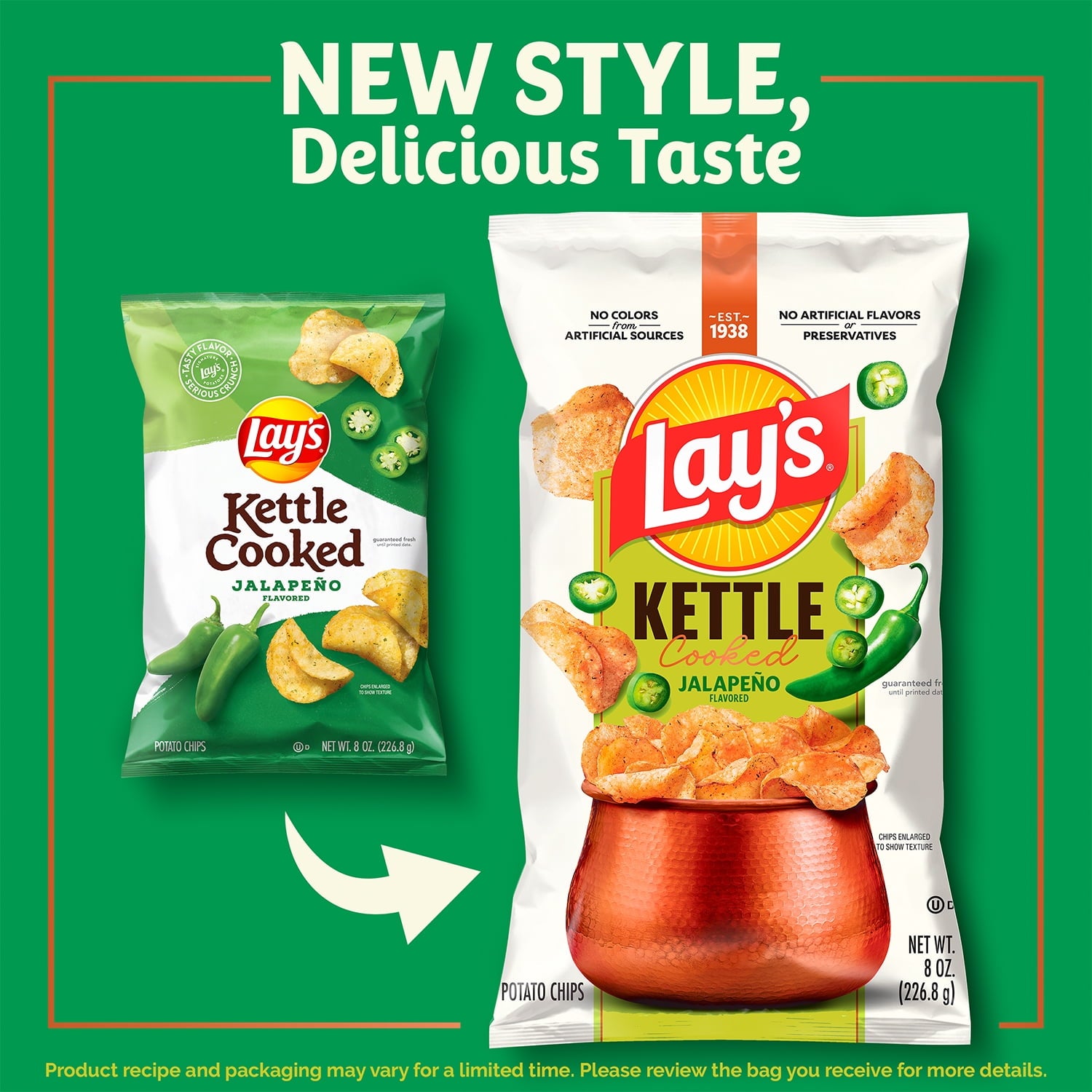 Lay’s Jalapeno Kettle Cooked Potato Chips Bag, 8 oz​