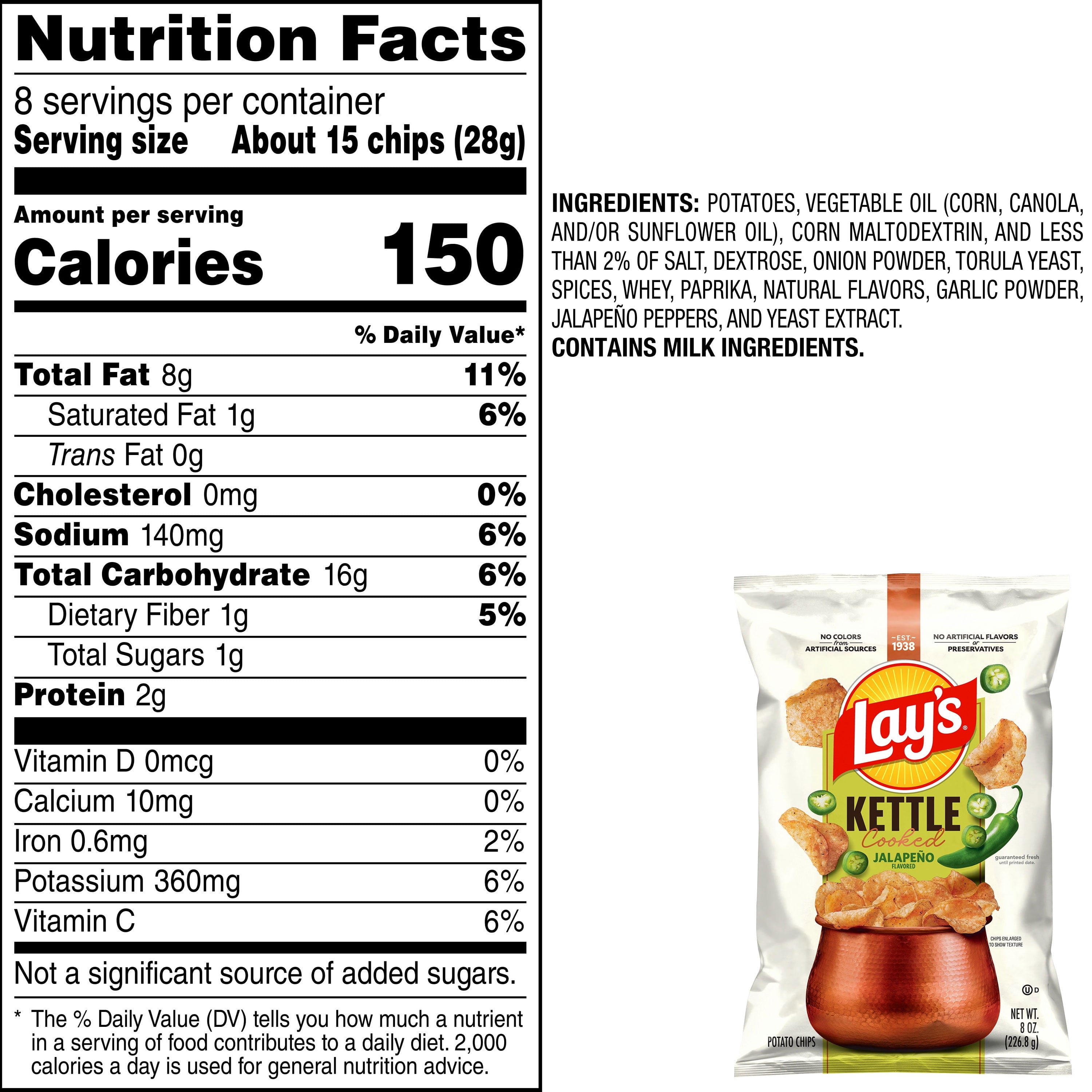Lay’s Jalapeno Kettle Cooked Potato Chips Bag, 8 oz​