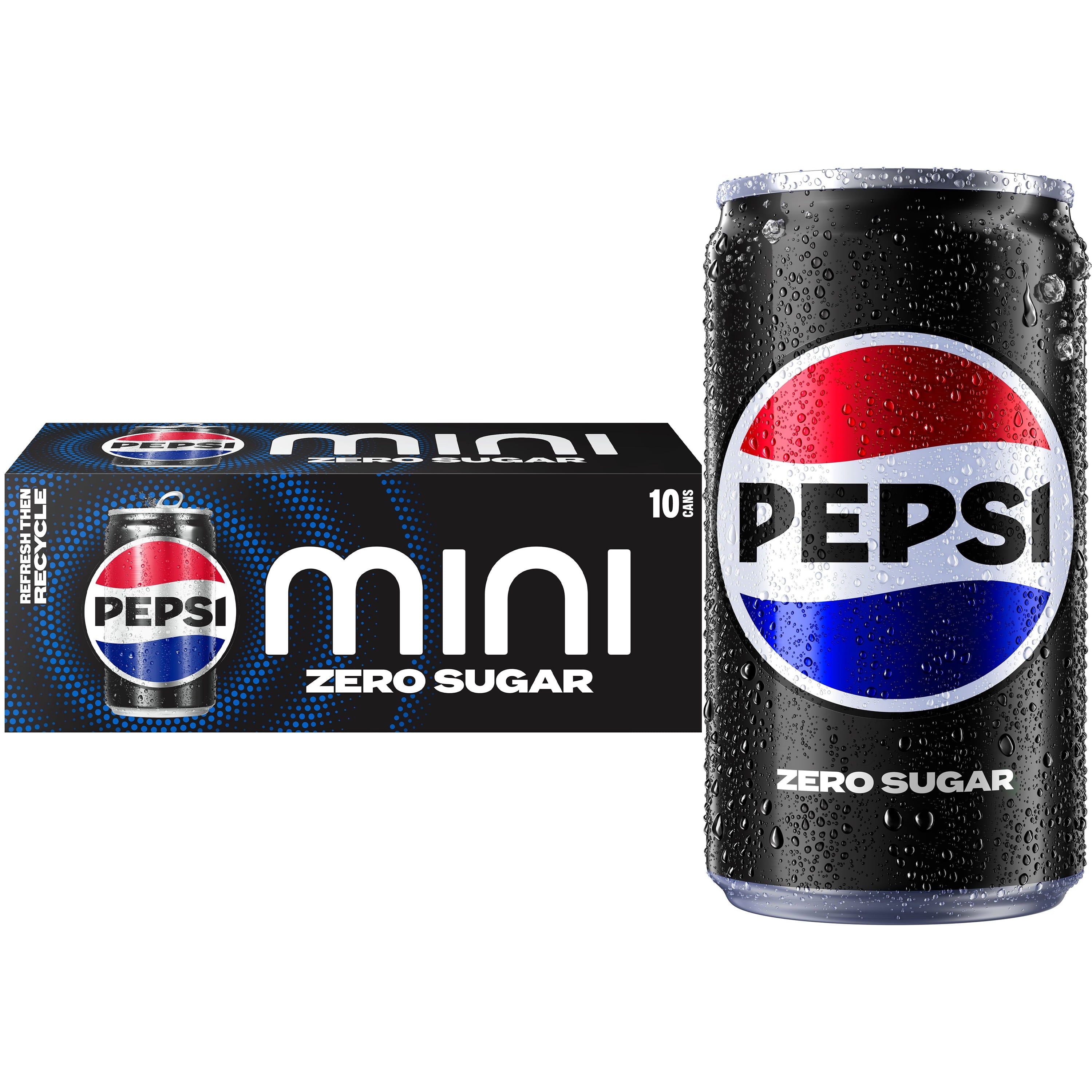 Pepsi Cola Zero Sugar Soda Pop, 7.5 fl oz, 10 Pack Mini Cans