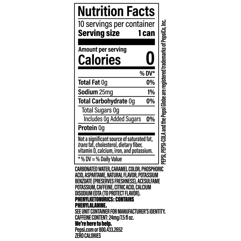 Pepsi Cola Zero Sugar Soda Pop, 7.5 fl oz, 10 Pack Mini Cans