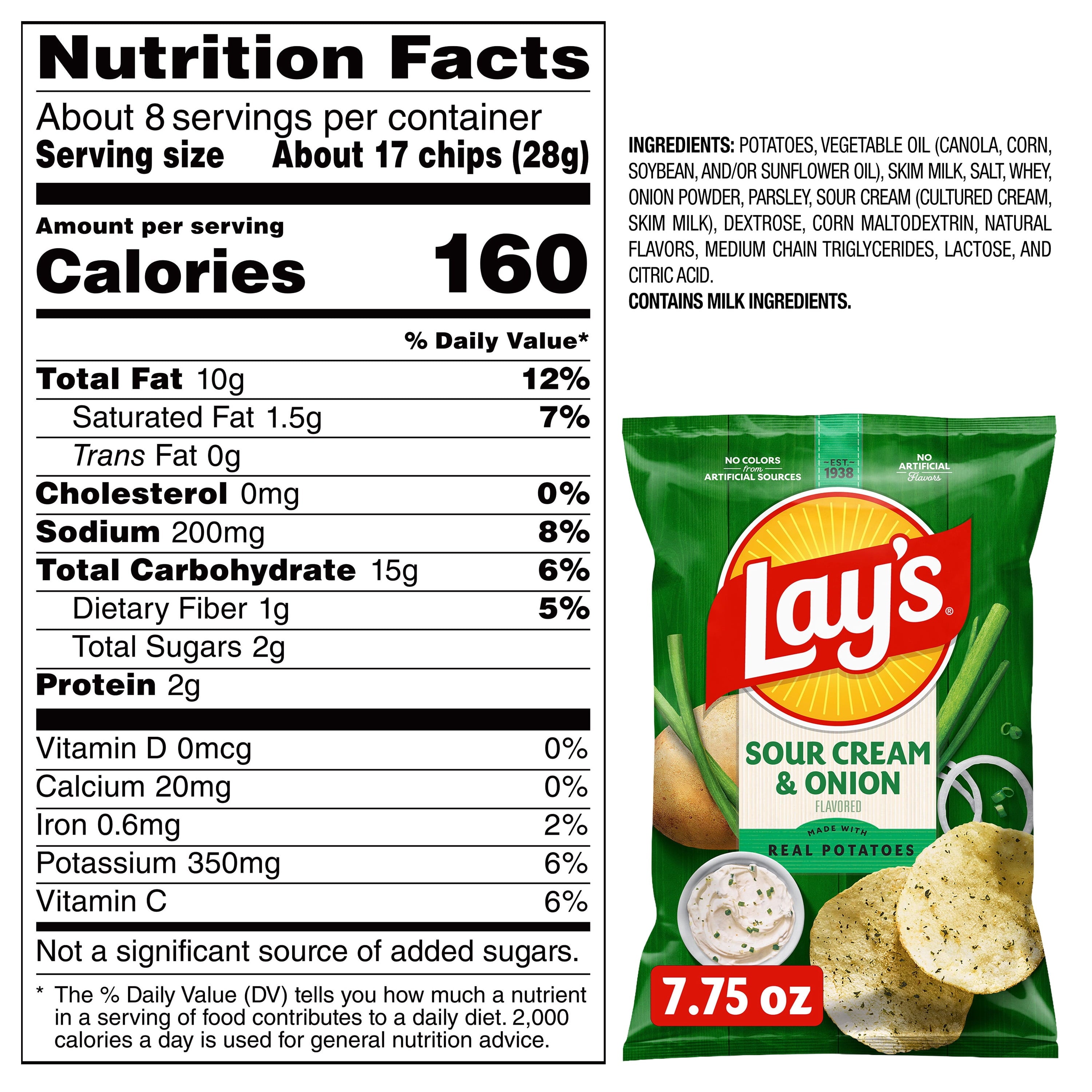 Lay's Sour Cream & Onion Flavor Potato Chips, 7.75 oz Bag