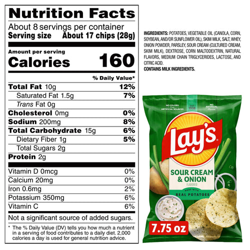 Lay's Sour Cream & Onion Flavor Potato Chips, 7.75 oz Bag